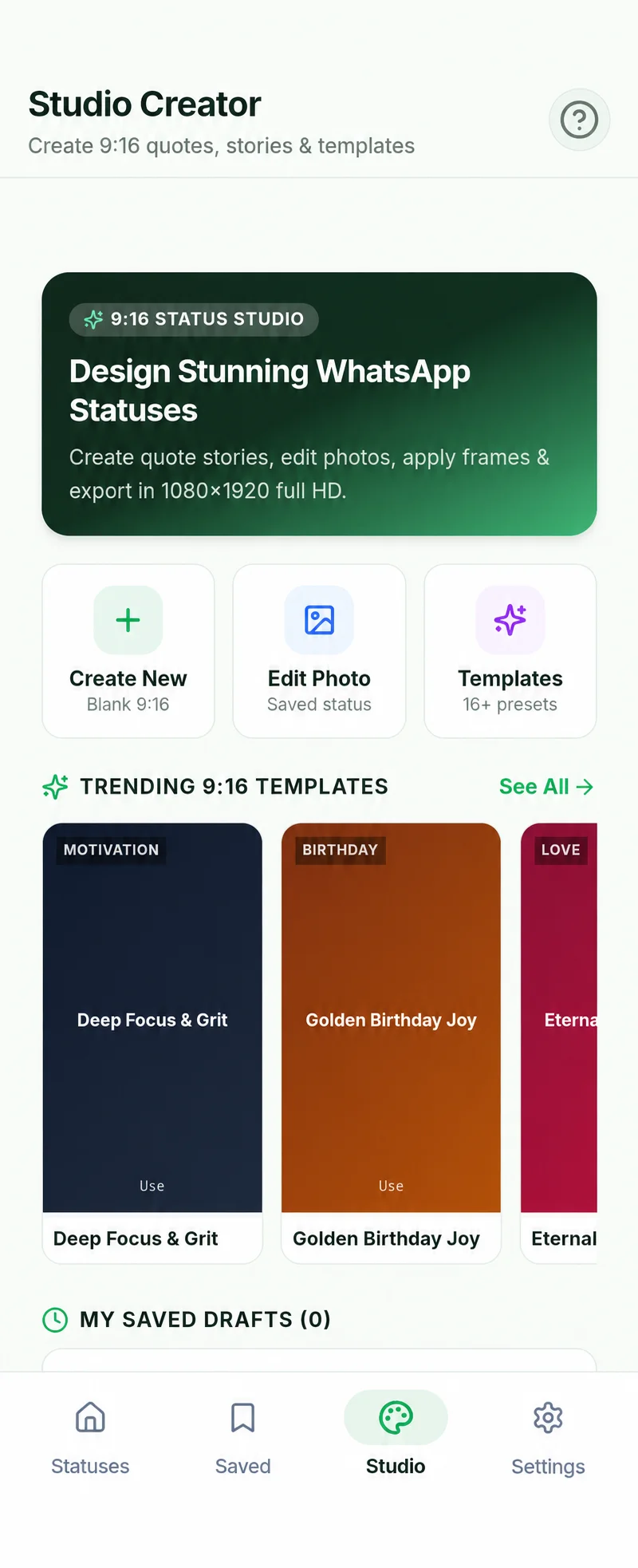 WP Status Saver Studio Creator 9:16 editor screen